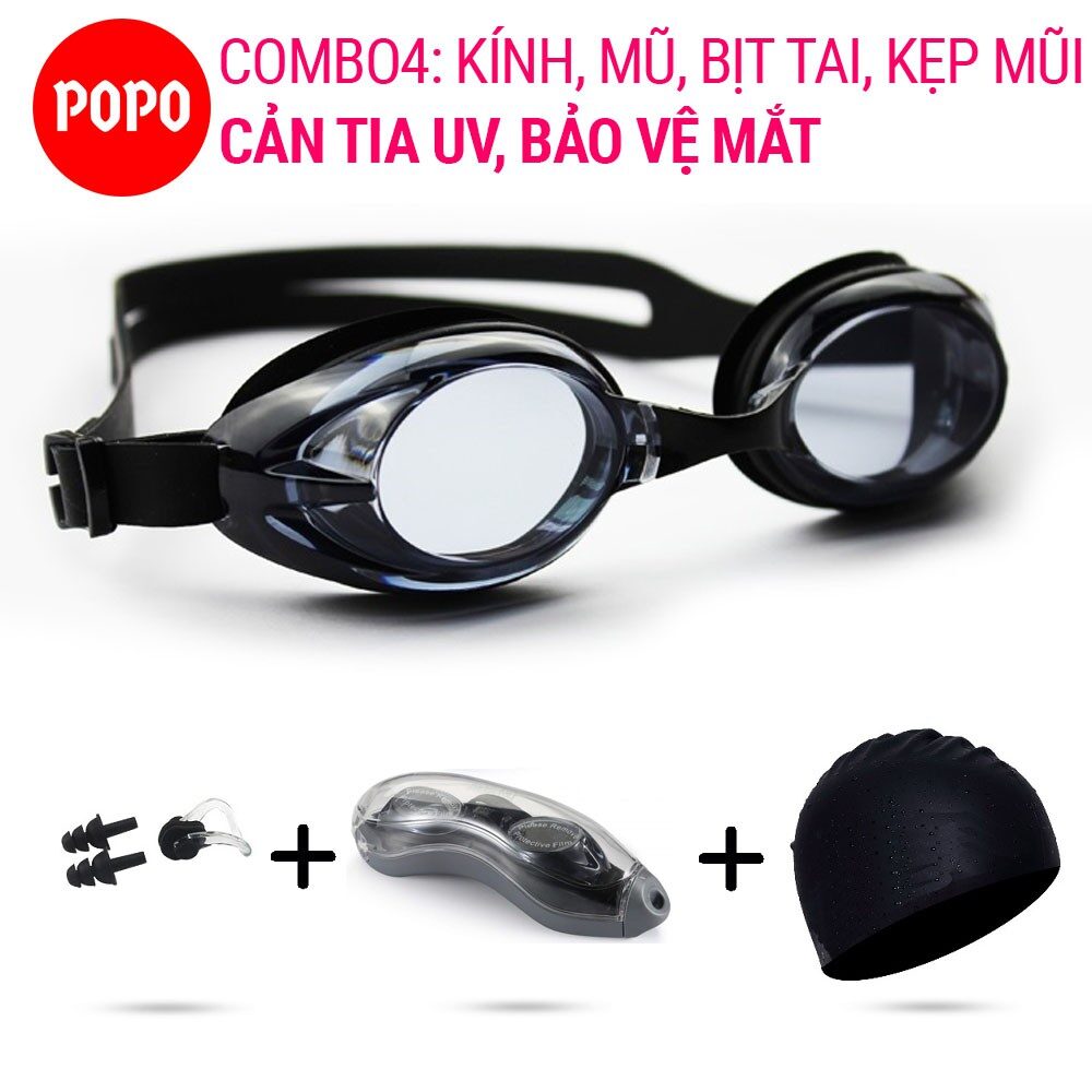 Bộ kính bơi người lớn nam nữ mắt trong POPO 1153 kèm mũ bơi trơn