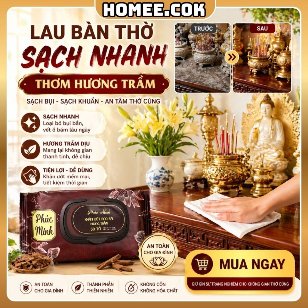 Homee.cok Khăn Ướt Bao Sái Phúc Minh Hương Trầm 30 Tờ Lau Bàn Thờ Đồ Thờ Cúng Phong Thủy Tiện Lợi