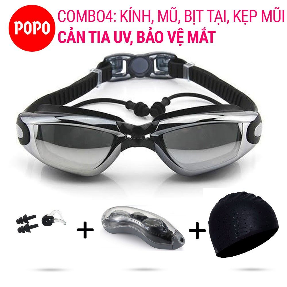 Kính bơi người lớn POPO 1940 kèm mũ bơi và bịt tai kẹp mũi cho nam nữ